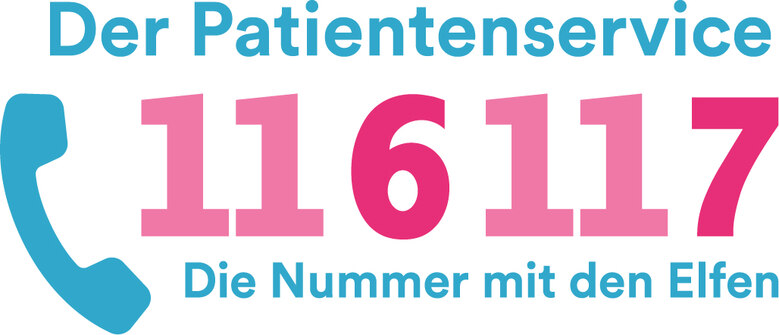 Logo des Patientenservice 116117 mit Telefonsymbol und Slogan „Die Nummer mit den Elfen"