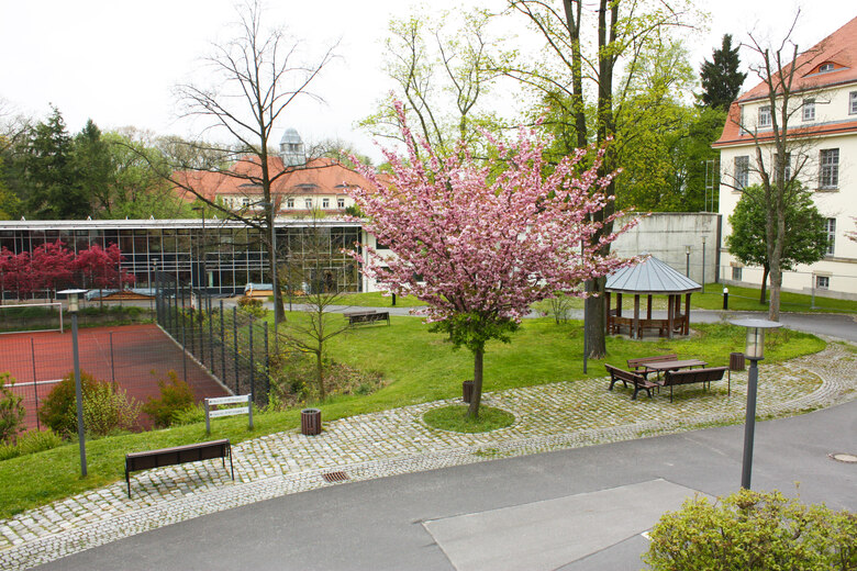 Parkanlage mit blühendem Kirschbaum, Pavillon, Bänken und Gebäuden. Tennisplatz links, gepflasterte Wege und Grünflächen.