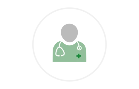 Icon zeigt medizinisches Personal mit Stethoskop und Kreuz-Symbol in grüner Kleidung.