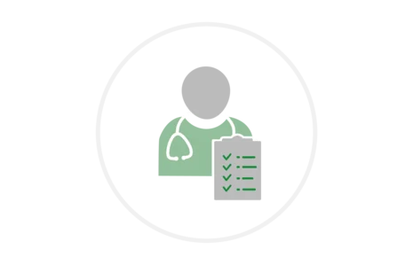 Piktogramm einer medizinischen Fachkraft mit Stethoskop und Checkliste als Symbol für amtsärztlichen Dienst.
