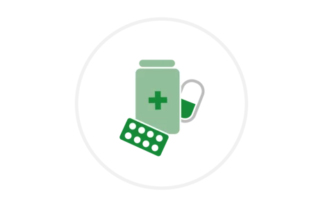 Piktogramm mit Medikamentenflasche mit Apothekenkreuz, Tabletten-Blister und Einkaufstasche als Symbol für Arzneimittelversorgung.
