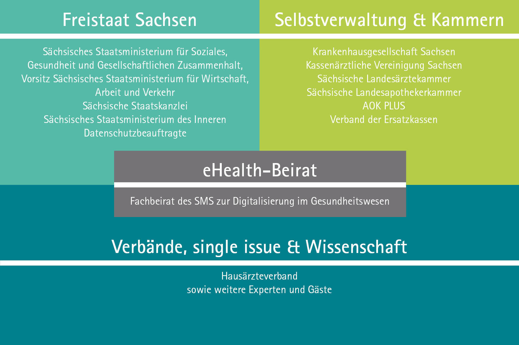 Mitglieder im eHealth-Beirat: Freistaat Sachsen, Selbstverwaltung und Kammern, Verbände, single issue und Wirtschaft