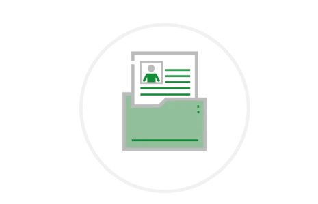 Grüne Dokumentenmappe mit Personendokument in grauem Kreis auf weißem Hintergrund, Symbol für Gesundheitsberichterstattung.