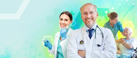 Arzt mit Stethoskop und Ärztin mit Tablet in Kitteln lächeln, rechts Pflegekraft mit Patientin, türkis-grüner Hintergrund mit Symbolen.