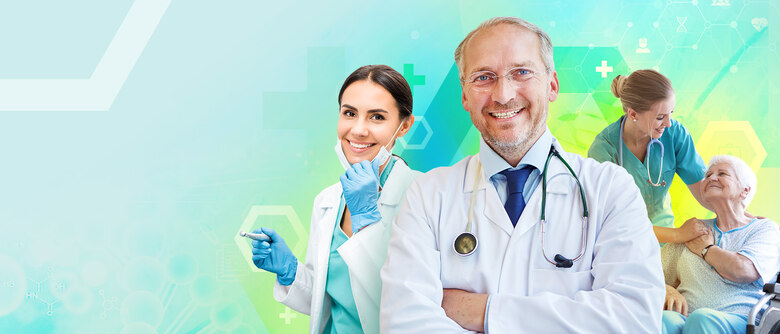 Arzt mit Stethoskop und Ärztin mit Tablet in Kitteln lächeln, rechts Pflegekraft mit Patientin, türkis-grüner Hintergrund mit Symbolen.