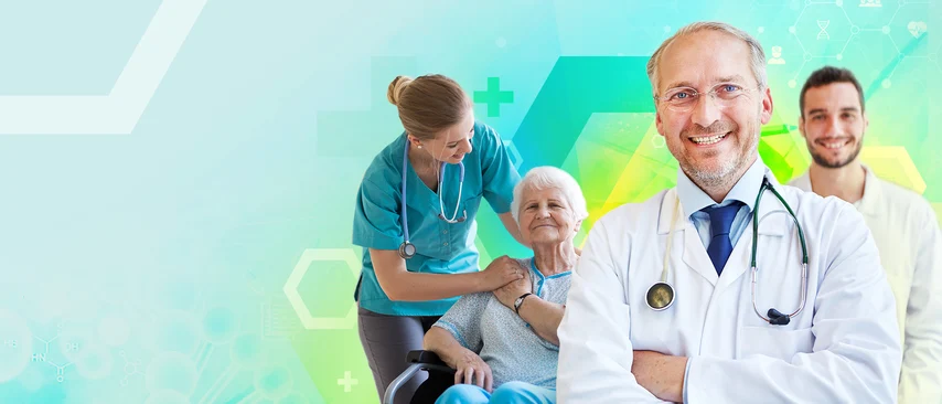 Arzt mit Stethoskop und Ärztin mit Tablet in Kitteln lächeln, rechts Pflegekraft mit Patientin, türkis-grüner Hintergrund mit Symbolen.