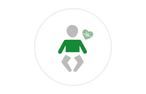 Grüne Person mit Herzsymbol und Pulslinie in grauem Kreis auf weißem Hintergrund, Symbol für Kindergesundheit.