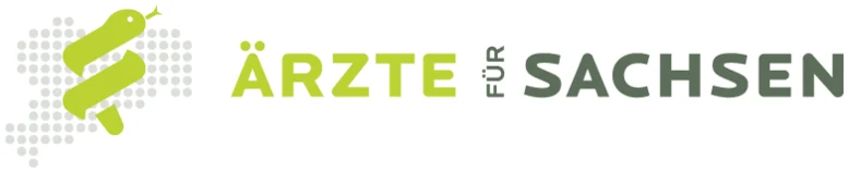 Logo mit grünem Äskulapstab und Punktraster links, Schriftzug „ÄRZTE FÜR SACHSEN" rechts in grün und grau.