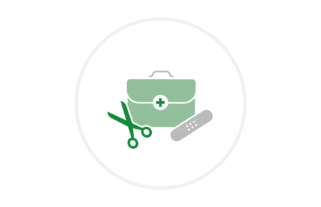 Icon mit grünem Arztkoffer, grüner Schere und grauem Pflaster in hellem Kreis.