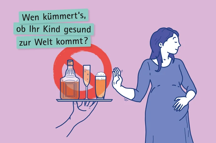 Schwangere Frau weist Tablett mit Alkohol ab, roter Warnkreis, Text über Risiken von Alkohol in der Schwangerschaft.