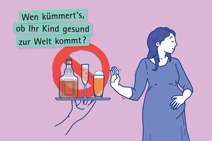 Kampagnenmotiv alkoholgeschädigtes Kind: eine schwangere Frau sagt nein zu verschiedenen alkoholischen Getränken.