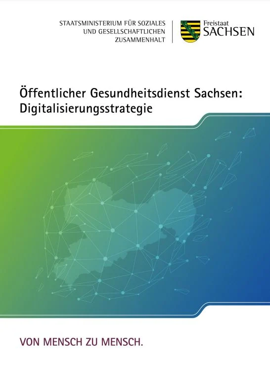 Deckblatt: Öffentlicher Gesundheitsdienst Sachsen Digitalisierungsstrategie, Vernetzungsgrafik, Logo Freistaat Sachsen.