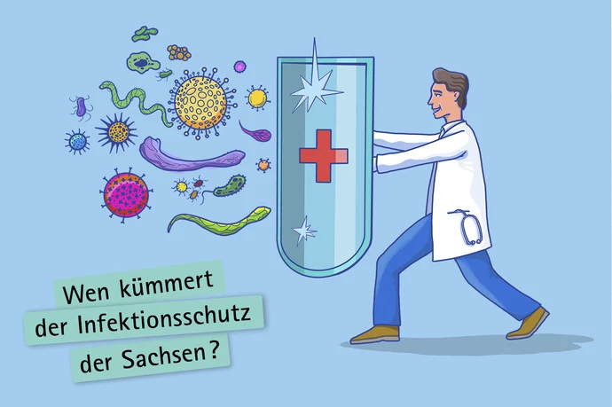 Arzt mit Stethoskop hält Schild mit rotem Kreuz gegen Krankheitserreger, Text über Infektionsschutz in Sachsen.
