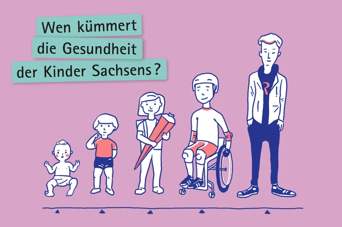 Illustrierte Kinder verschiedener Altersstufen von Säugling bis Jugendlicher. Text: „Wen kümmert die Gesundheit der Kinder Sachsens?"