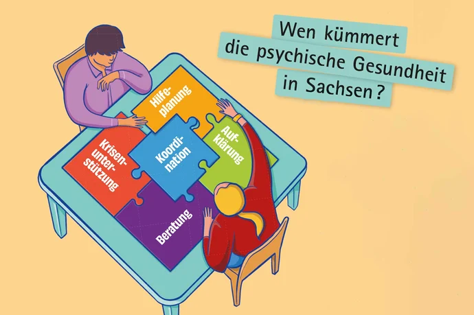 Illustration: Zwei Personen fügen Puzzle-Teile mit Begriffen Krisenunterstützung, Kooperation, Aufklärung, Beratung und Hilfeplanung zusammen.