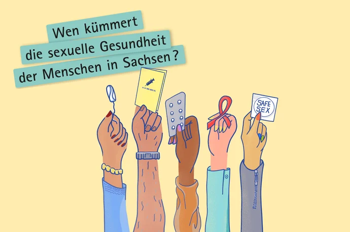 Illustration: Erhobene Hände halten Symbole sexueller Gesundheit – Kondom, Verhütungsmittel, Tabletten, AIDS-Schleife und Safe-Sex-Broschüre.
