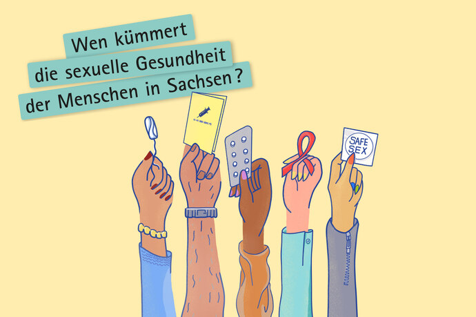 5 unterschiedliche Arme halten verschiedene Verhütungsmittel in die Höhe.