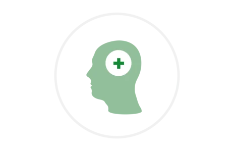 Grüne Kopfsilhouette mit Kreuz-Symbol für psychische Gesundheit auf weißem Hintergrund.