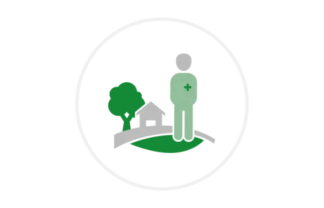 Grünes Symbol: Arztfigur mit Kreuz vor ländlicher Landschaft mit Haus und Baum auf weißem Hintergrund.