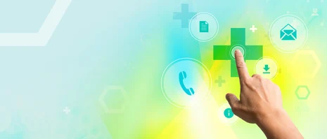 Hand zeigt auf digitales Interface mit Service-Symbolen: Telefon, Dokument, E-Mail, Download und Information auf grünem Kreuz.
