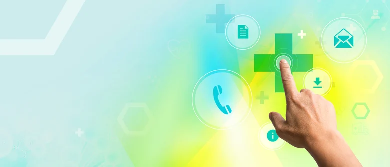 Hand zeigt auf digitales Interface mit Service-Symbolen: Telefon, Dokument, E-Mail, Download und Information auf grünem Kreuz.