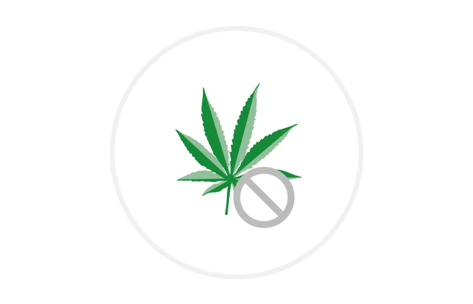 Icon Cannabisblatt mit Verbotszeichen in grau auf weißem Grund.
