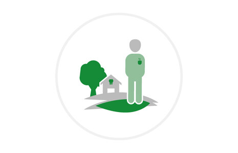 Icon mit Baum, Haus und grüner Wiese. Daneben steht eine stilisierte Figur, die einen Zahnarzt darstellt
