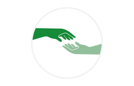 Icon zwei Hände reichen einander in grünen Farbtönen auf weißem Hintergrund.