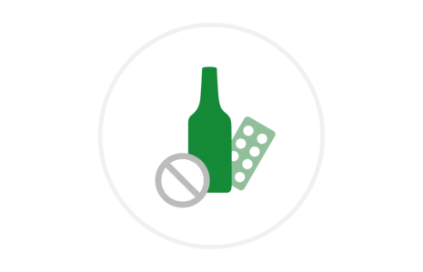 Piktogramm für Suchtprävention: Flasche und Tabletten mit Verbotszeichen symbolisieren das Verbot von Alkohol und Medikamentenmissbrauch.