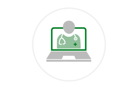 Piktogramm für Telemedizin: Laptop-Bildschirm zeigt medizinisches Personal mit Stethoskop, symbolisiert digitale Gesundheitsversorgung und Online-Sprechstunde.