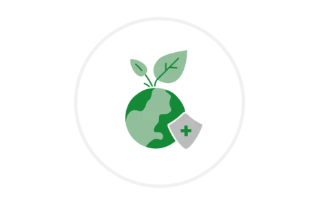 Piktogramm für umweltbezogenen Gesundheitsschutz: Erdkugel mit Pflanze und Schutzschild symbolisiert die Überwachung von Umwelteinflüssen auf die Gesundheit.